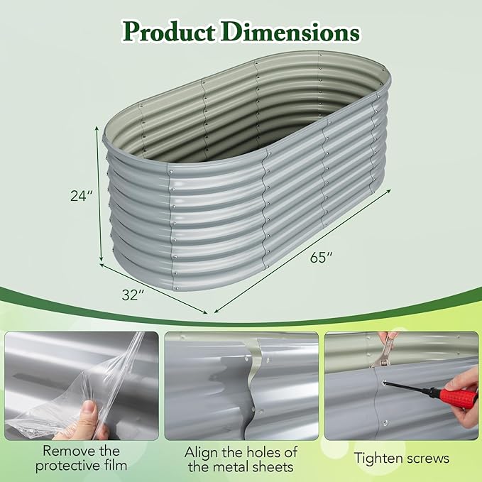 Giantex 5x3x2ft Raised Garden Bed, Large Metal Elevated Oval Planter Bed, 193 Gallon Capacity, Outdoor Planting Garden Box for Vegetable Flower Herb Grow (Grey)