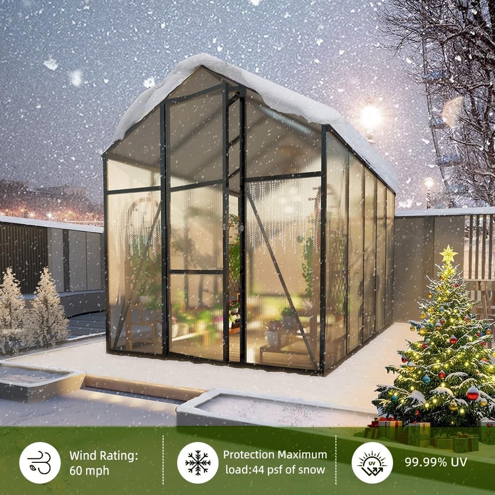 7.2FT High 6*6.2FT Greenhouse for Outdoors,Polycarbonate Greenhouse with Stronger Wind Protection and Roof Vent,Walk-in Large Aluminum Sunroom Winter Proof,Black