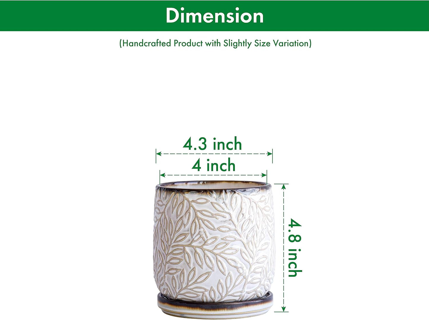 D'vine Dev 4 Inch Embossed Leaves Stoneware Planter Pot with Drainage Hole and Saucer, Smoked White, Set of 1, 27-A-Z-1