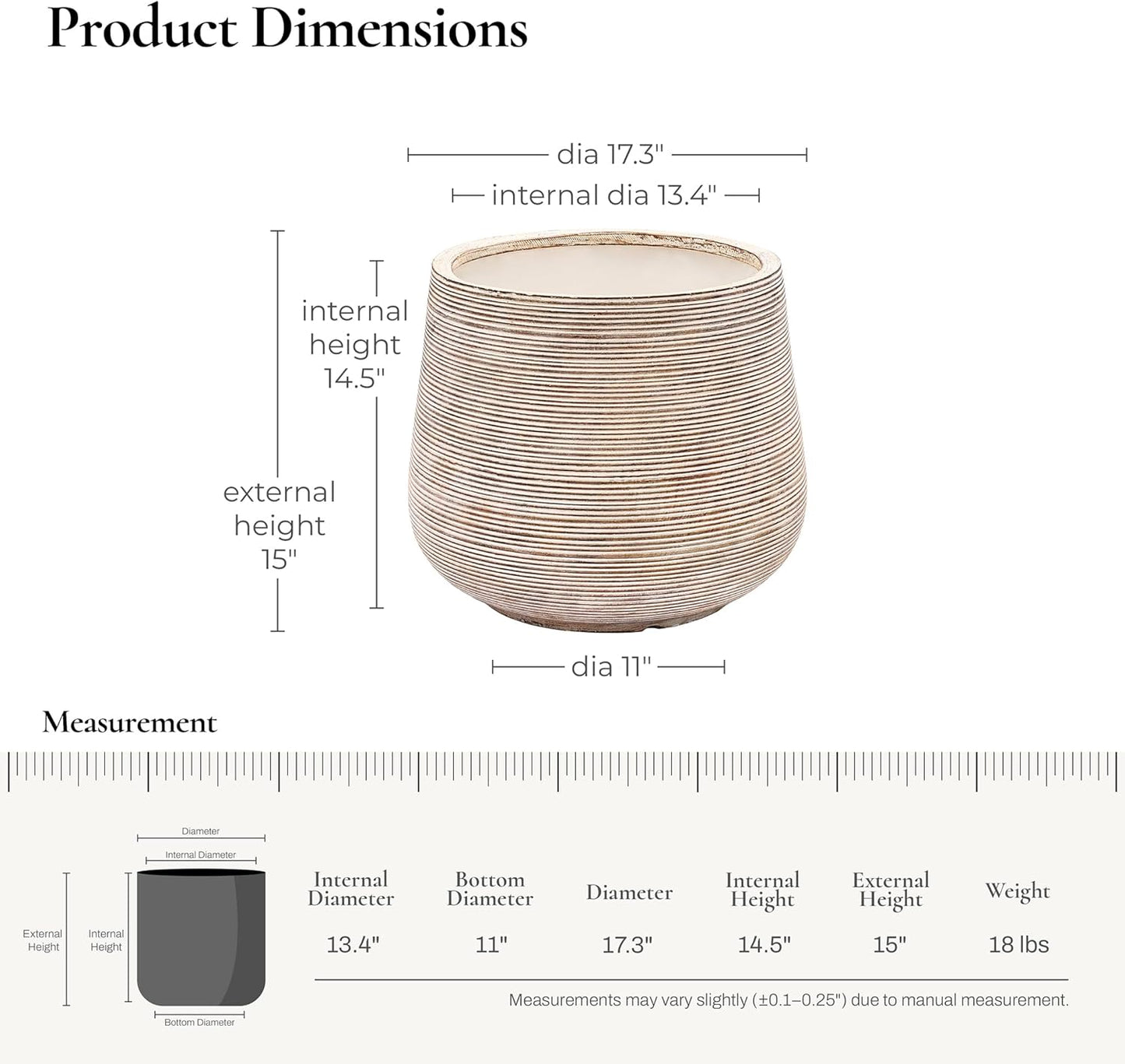 LuxenHome 17" Dia Round Planters for Indoor Plants, Large Outdoor Planters with Drainage Holes, Concrete Distressed Plant Pots Indoor & Outdoor for Home Garden Patio