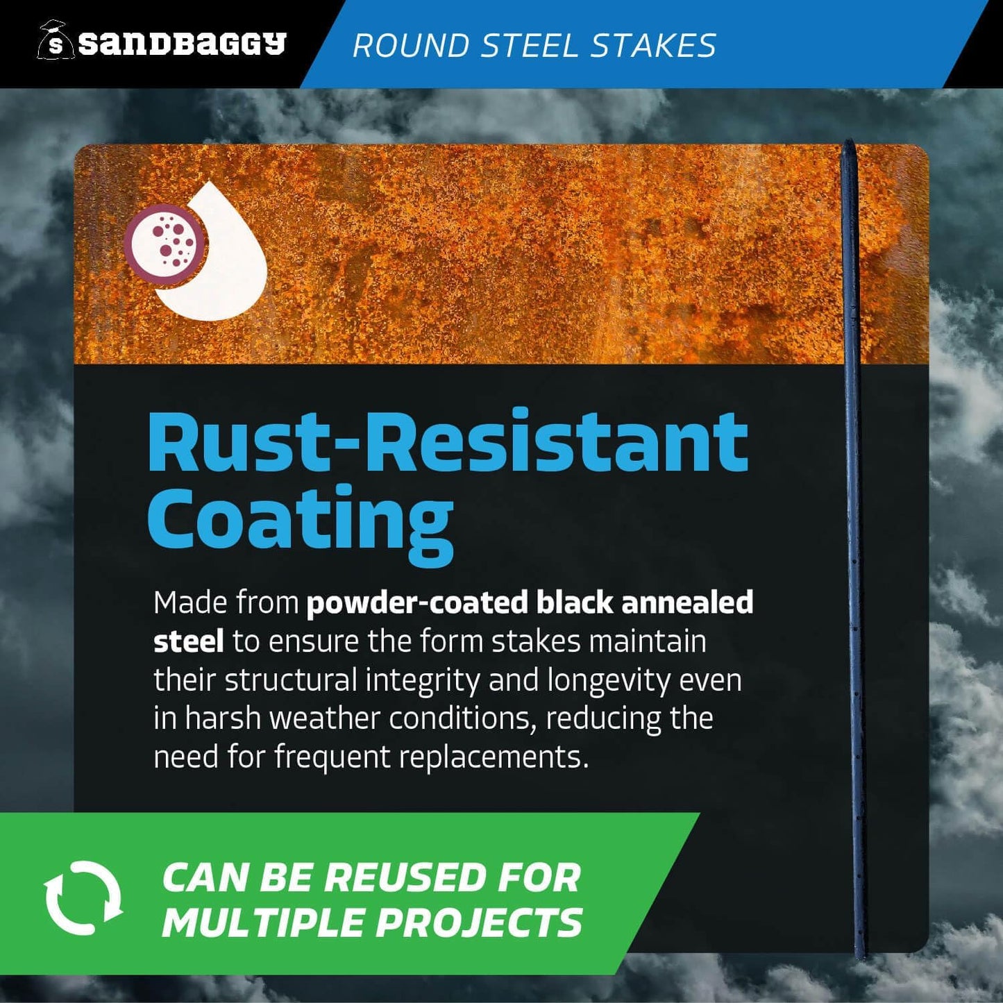 Sandbaggy Round Steel Concrete Form Stakes with Nail Holes - Rust Resistant Coating - Removable, Reusable (400, 3/4 in X 36 in)