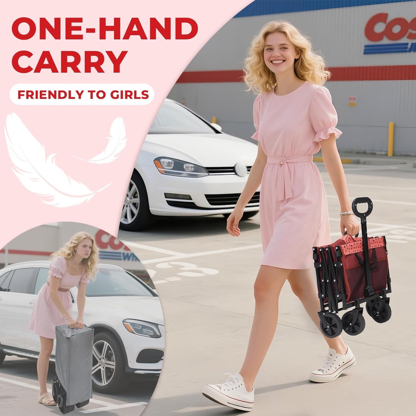 Collapsible Wagon Cart with Wheels Foldable,11 Lbs Lightweight Portable Folding Utility Wagon,90 L Heavy Duty Grocery Shopping Carts,Versatile for Garden Sports Camping Outdoor Use (Brick Dot)