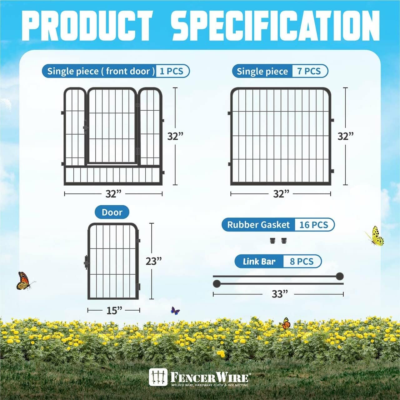 Fencer Wire Decorative Wire Fence, Panel Decor, Heavy Duty Iron Landscape Patio Flower Bed Animal Barrier Border Edging Section, Foldable Garden Fence for Yard for Dog Outdoor, 32 Inch x 21 FT