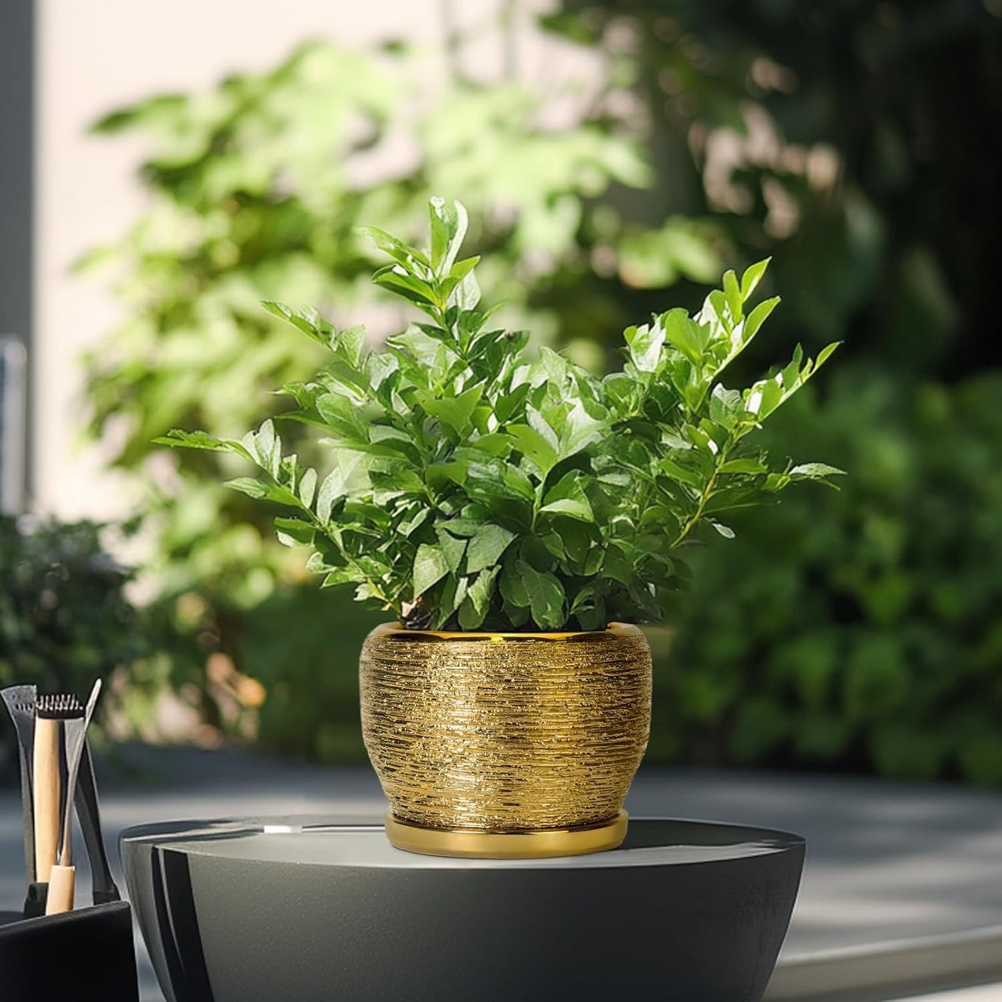 SQOWL Ceramic Planter - 6 Inch Plant Pot Indoor Outdoor, Modern Round Planter with Drainage Hole and Plant Saucer, Decorative Small Flower Pot, Home Decor, Birthday Gifts, Gold