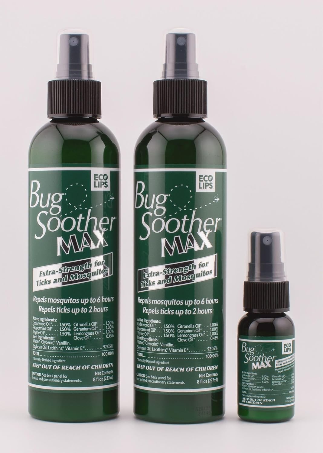 Bug Soother MAX - Extra Strength Natural Gnat, Tick, and Mosquito Repellent, 2 Pack 8 fl oz w/Free 1 oz. DEET-Free Bug Spray Deterrent - Safe for Adults & Environment - Made in USA