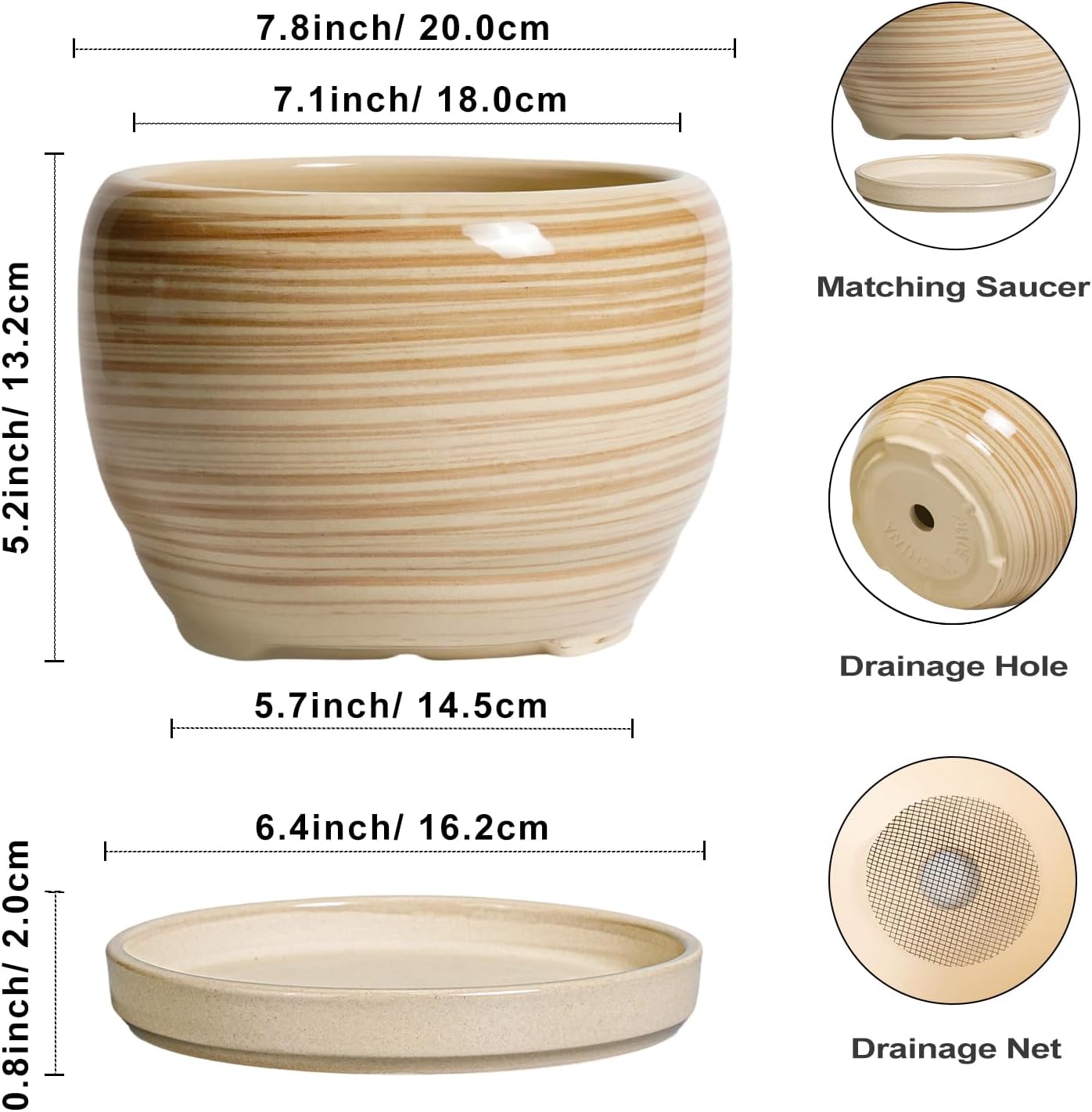 SQOWL Ceramic Planter- 8 Inch Plant Pot Indoor Outdoor, Round Planter with Drainage Hole and Plant Saucer, Decorative Modern Ceramic Flower Pot, Living Room Decor, Garden Gifts, Yellow