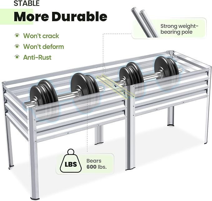 KING BIRD Raised Garden Bed with Legs Galvanized Large Elevated Planter Box for Backyard, Patio, Balcony, 600lb Capacity, Silver 70.9x22.8x31.5 in