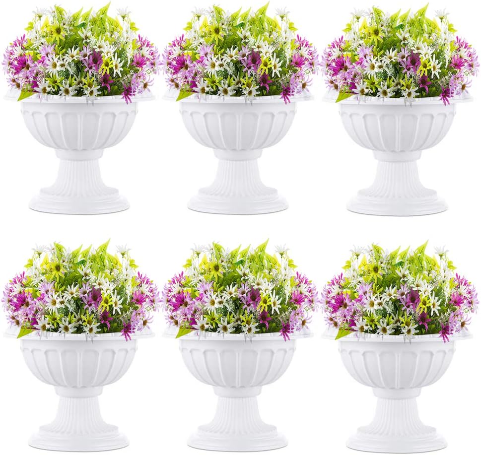 NUPTIO 6 Pcs Classic Urn Planter, 10.23 inch Tall Large Plastic Outdoor Urns Planters, Pedestal Flower vases Plant Pot, Resin Grecian Plants Pots for Garden Porch Front Door, White