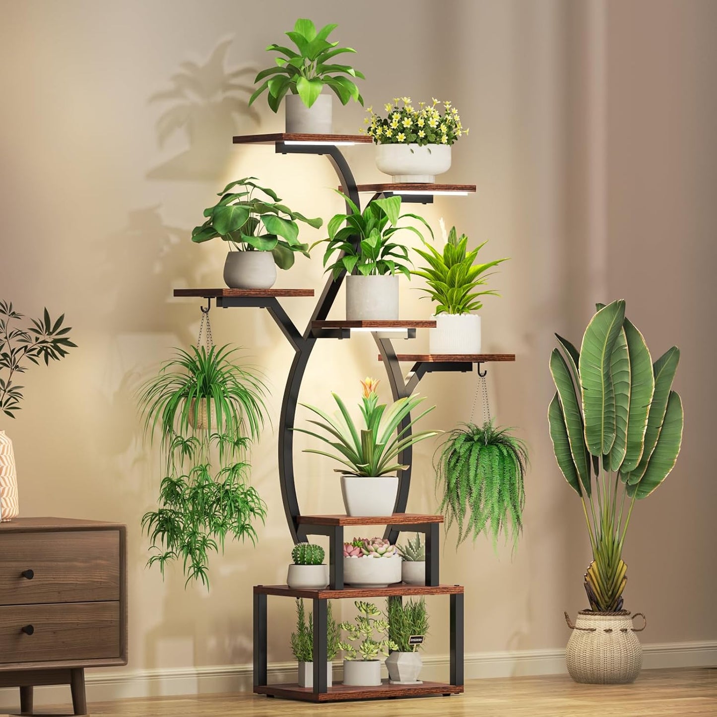 Uneedem 8 Tiered Plant Stand Indoor with Grow Lights, Plant Shelf with Grow Light, Wood Flower Stand for Multiple Plants, Metal flower Holder for Corner, Patio, Garden and Balcony, 32" × 12.3" × 48"