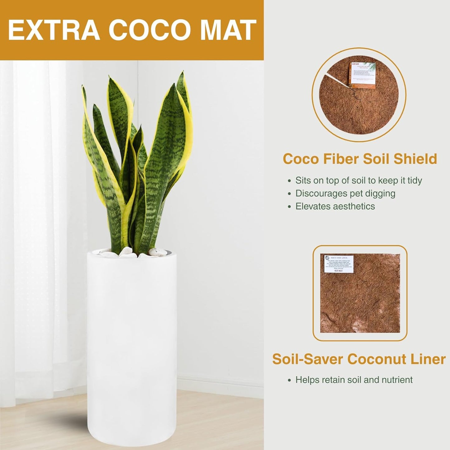 19.5"H x 9.8"D Tubo Fiberstone Cylinder Tall Planter with Drainage Hole, Smooth Finishes, Weather Resistant for Indoor and Outdoor Use, Included 2 Extra Coco Mats (White, 8.2" Pot Opening)