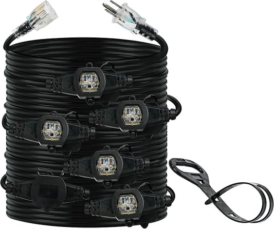 50FT 14 Gauge Heavy Duty Multi-Outlet Extension Cord, 7 Evenly Spaced Weatherproof Outlets, Great for Stage Backdrops, Landscape Garden Lighting, Christmas Halloween Decorations ETL