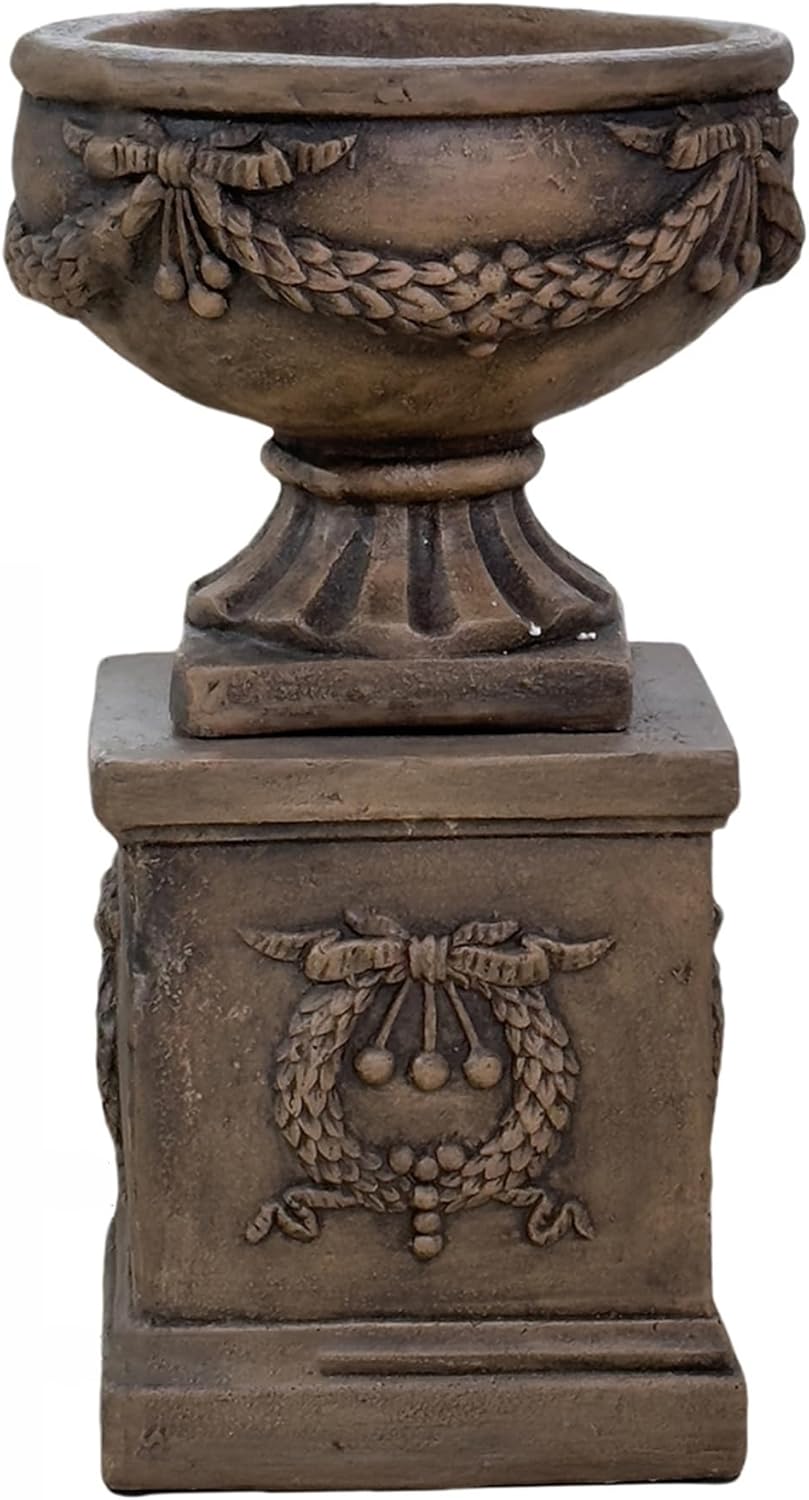 Vintage Garden Urn Planter with Pedestal, Cement and Fiber, Maked Bronze Color, Decorative Leaf Pattern, 30 Inch Height, Wrap Foam Safely Delivered from Local Warehouse (Bronze)