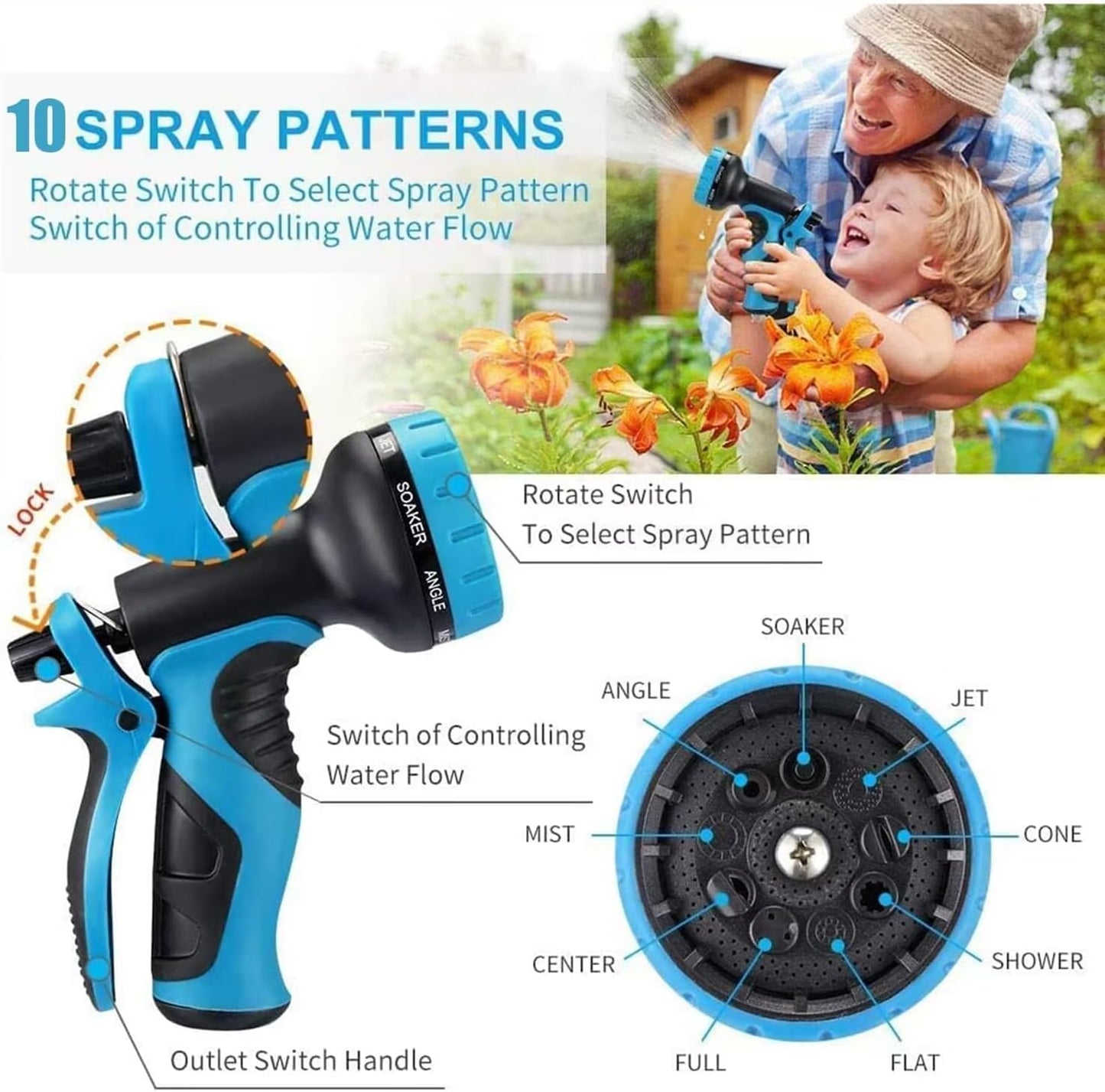 50 ft Expandable Garden Hose w/10 Functions Spray Nozzle, Water Hoses with 3/4" Solid Brass Connector, Flexible Lightweight Hose Expanding Water Pipe for Car Washing, Gardening