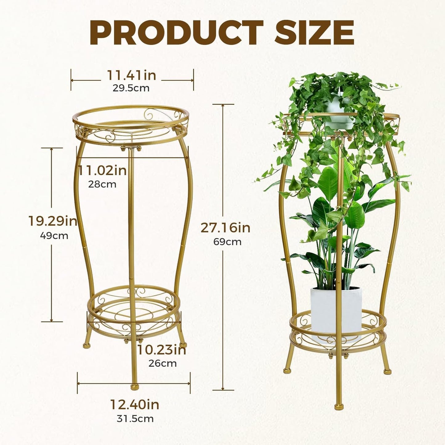 Plant Stand Indoor Outdoor，Tall Gold Metal Rustproof Stable Plant Stands，2 Tier 27.1 inch Multiple Plant Rack Holder Rack Flower Pot Stand Heavy Duty Plant Shelf (Gold)