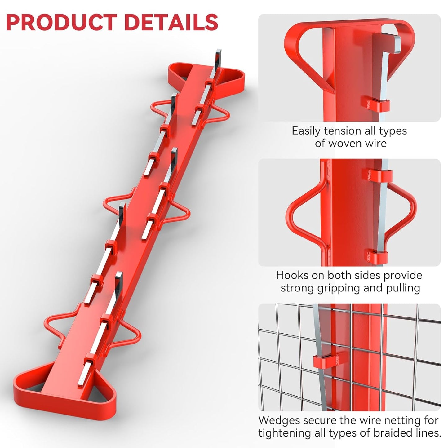 4ft Woven Wire Fence Stretcher Bar with 5 Wedges Heavy Duty Wire Stretcher Fence Tool for Farms, Ranches, Garden Barriers, Yard (Red)