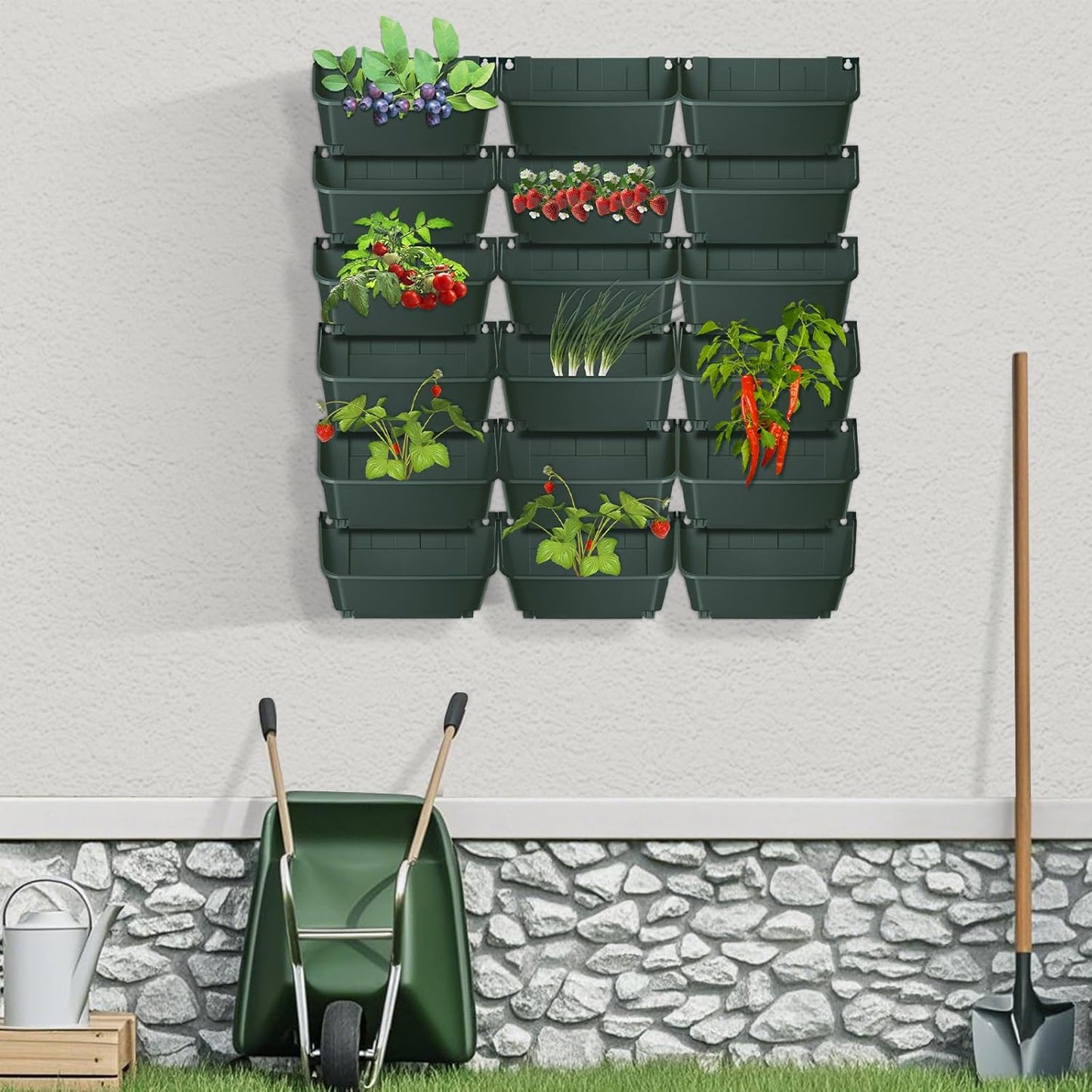Eapmic Vertical Wall Planter with 18 Pots, Hanging Garden Plant Flowerpot Holder, Stackable Wall-Mounted Planter, Balcony Planters for Flowers Vegetables Fruits (Dark Green, 18 Pots)