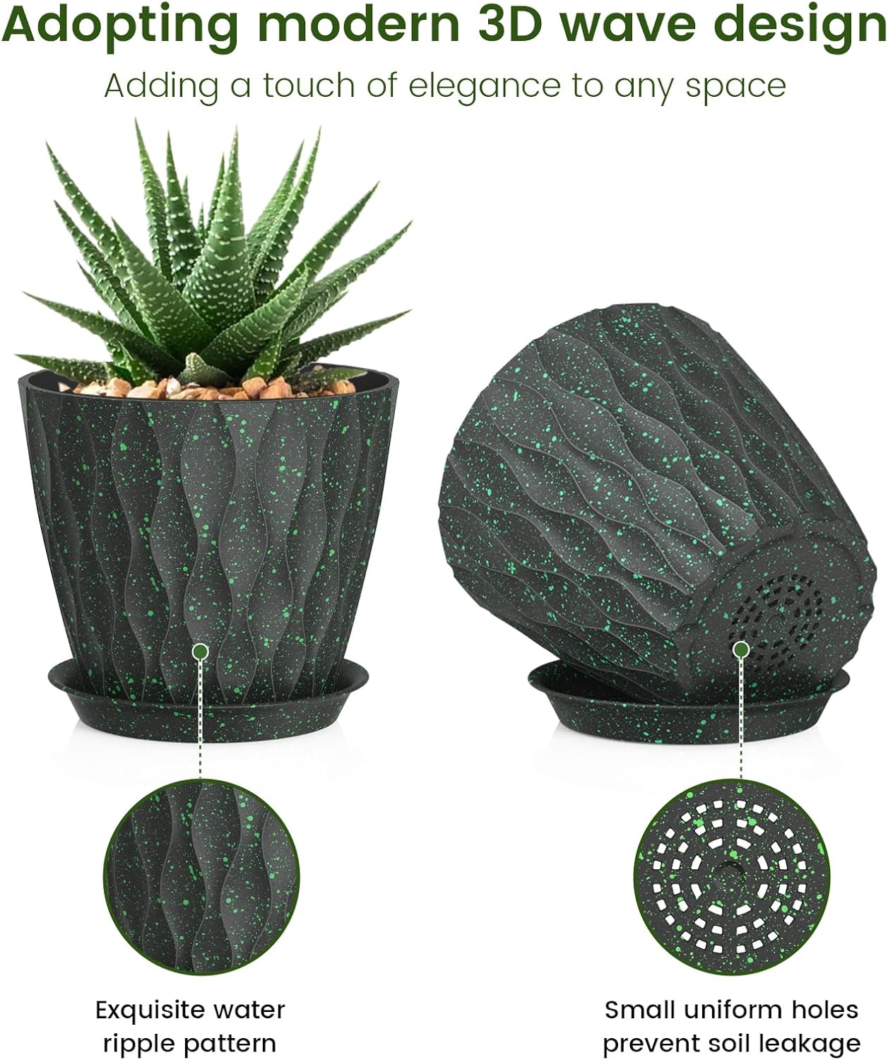 5 inch Plant Pots for Indoor Outdoor Plants, 6 Pack Thick Nursery Pots with Drainage Holes and Saucers, 3D Modern Wave Texture Small Plastic Planter Flower Pots, Black with Green Speckles