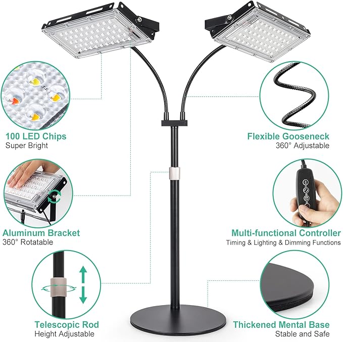 LBW Plant Grow Light, Full Spectrum Dual Heads Desk Plant Light for Indoor Plants, Growing Lamp with 3H/6H/12H Timer, 6-Level Brightness, 3 Lighting Modes, Height Adjustable, Ideal for Indoor Growth