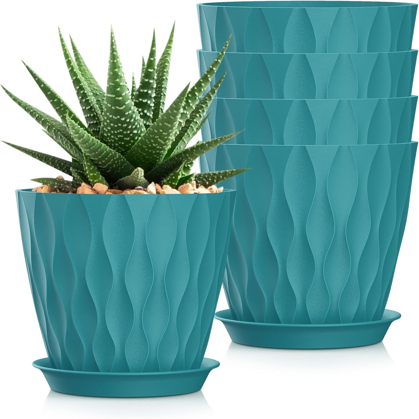 7 Inch Plant Pots 5 Pack, Flower Planters with Drainage Holes and Trays,Plastic Pots for Indoor Outdoor Plants,Green