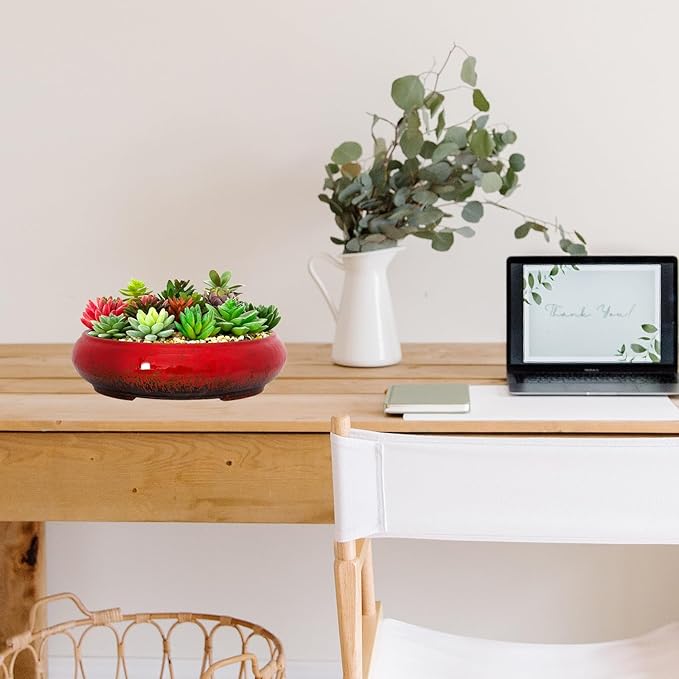 ARTKETTY Succulent Pots - 11.5 Inch Ceramic Bonsai Pots with Drainage, Large Shallow Succulent Planters for Indoor Outdoor Plants, Round Glazed Cactus Flower Plant Container Bowl Home Desk Decor(Red)