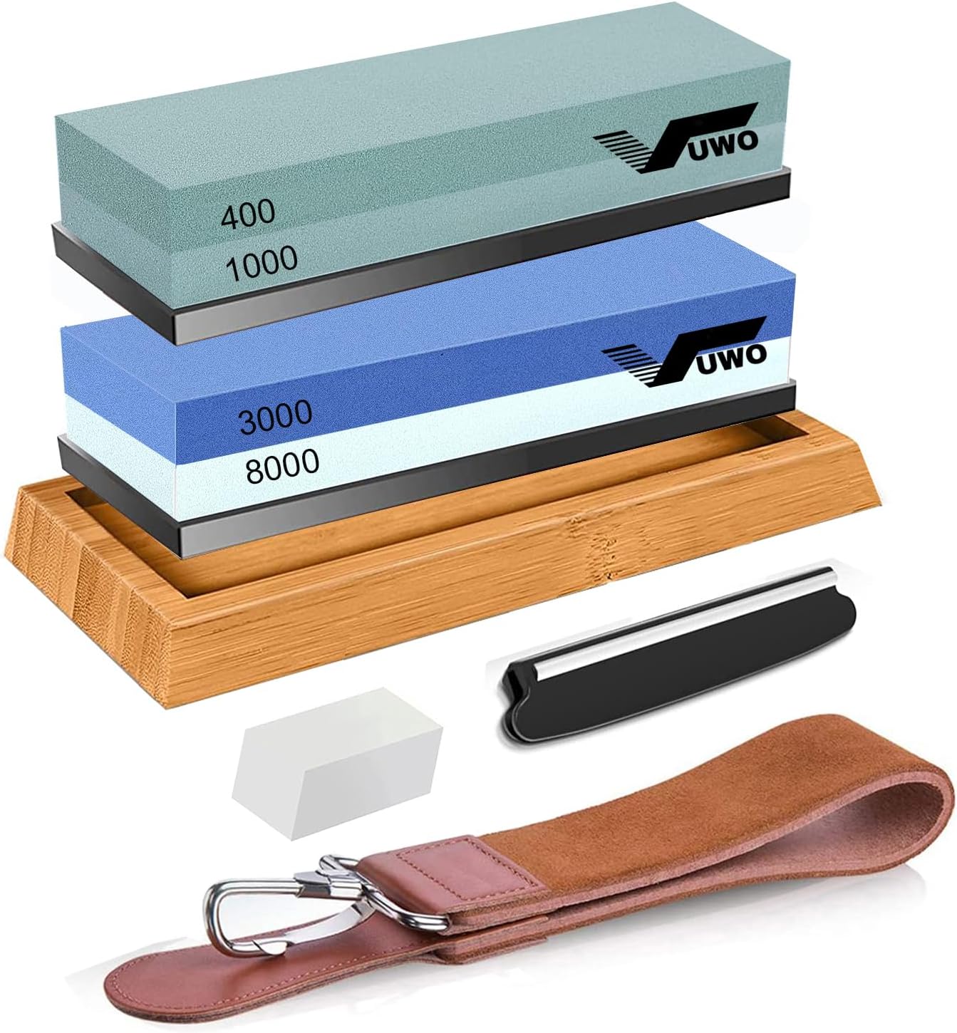 Knife Sharpening Stone Kit - Whetstone Grit 400/1000 3000/8000 Premium Knife Sharpener Wet Stone Set with Bamboo Base Angle Guide Leather Strop Flattening Stone Silicon holder