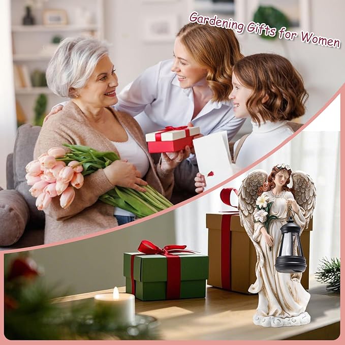 Solar Angel Outdoor Decor Garden Statues – 13.2 inches Angel Figurines Outdoor Sculptures with Solar Lantern for Outside Yard Art Patio Balcony Front Lawn Ornaments Gifts for Mom Grandma Women