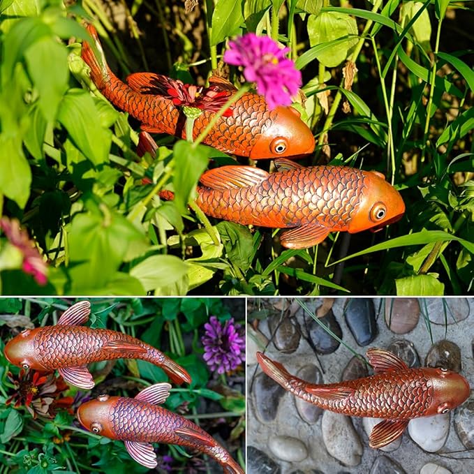 Antique Ceramic Koi Fish Garden Statues - Set of 2 | Exquisite Fish Sculptures for Outdoor, Patio, Pond, and Garden Decorations (Brassy)