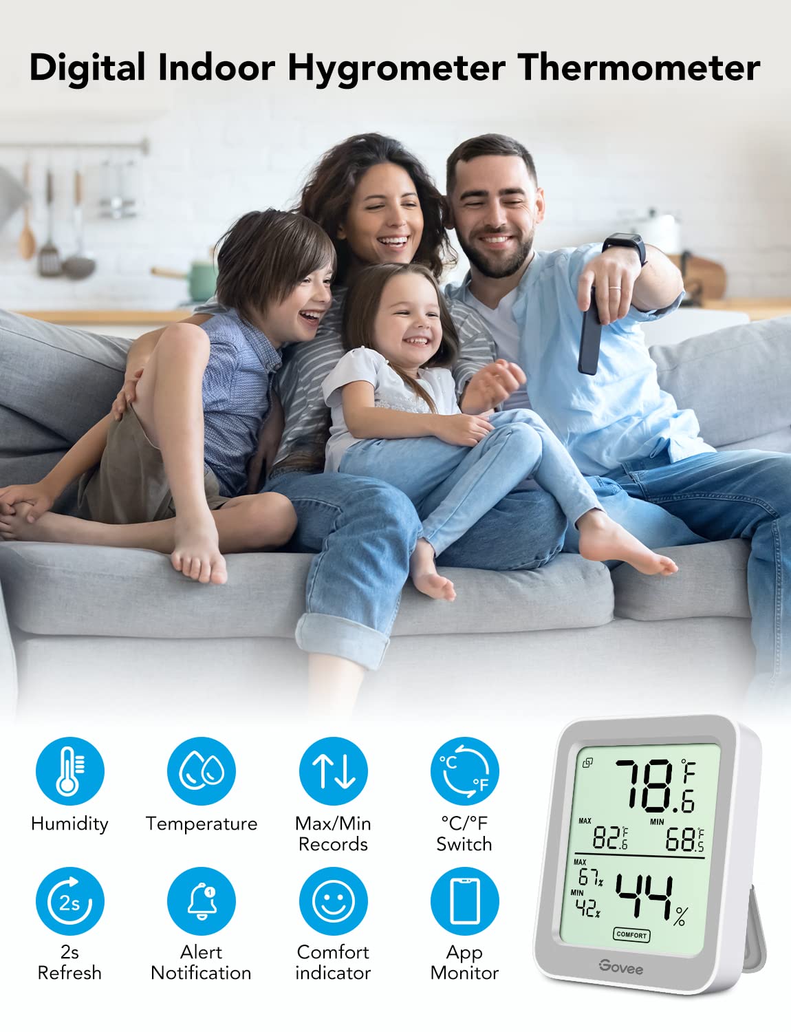 Govee Indoor Hygrometer Thermometer 3 Pack, Bluetooth Humidity Temperature Gauge with Large LCD Display, Notification Alert with Max Min Records, 2 Years Data Storage Export, Grey