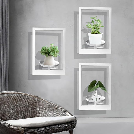 Picture Frame Plant Holder, Wall Mount Plants shelf Indoor Outdoor, Metal Hanging Planters Stand Decor, Window Planter Hanger Shelves, Modern Floating Ornament Rack Art for Home & Garden(White 3pc)