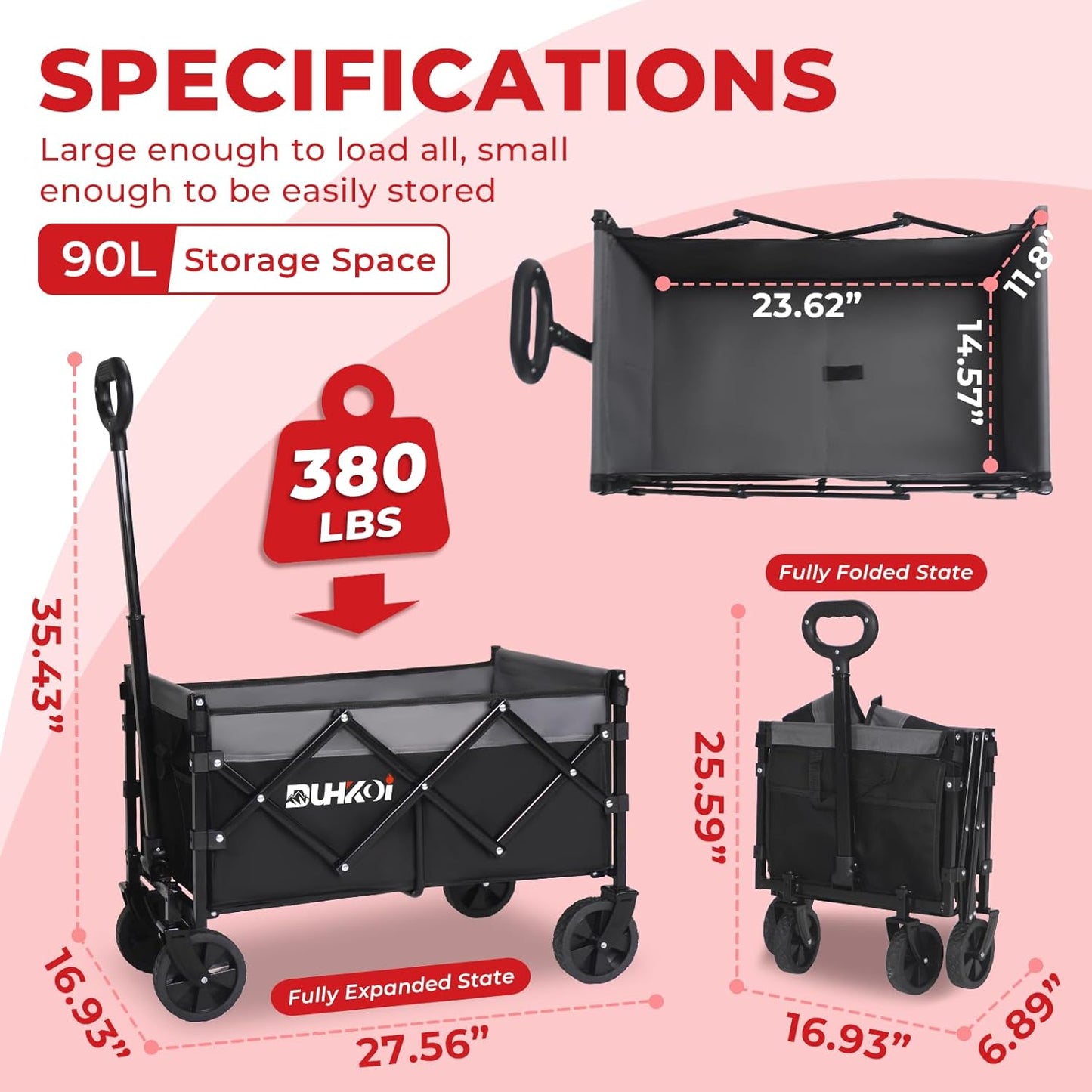 Collapsible Wagon Cart with Wheels Foldable,11 Lbs Lightweight Portable Folding Utility Wagon,90 L Heavy Duty Grocery Shopping Carts,Versatile for Garden Sports Camping Outdoor Use (Black Gray)