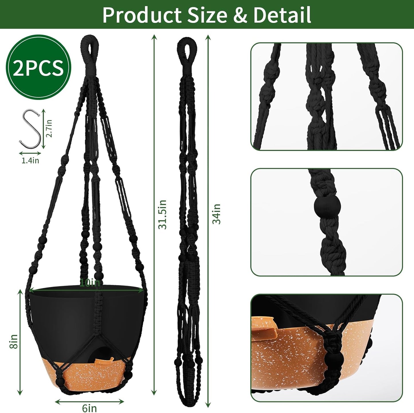 GARDIFE 10 Inch Hanging Planters with Macrame Plant Hanger for Indoor and Outdoor Plants, 2 Pack Large Self Watering Hanging Plant Pot with Basket Flower Pot with Drainage Hole, Black