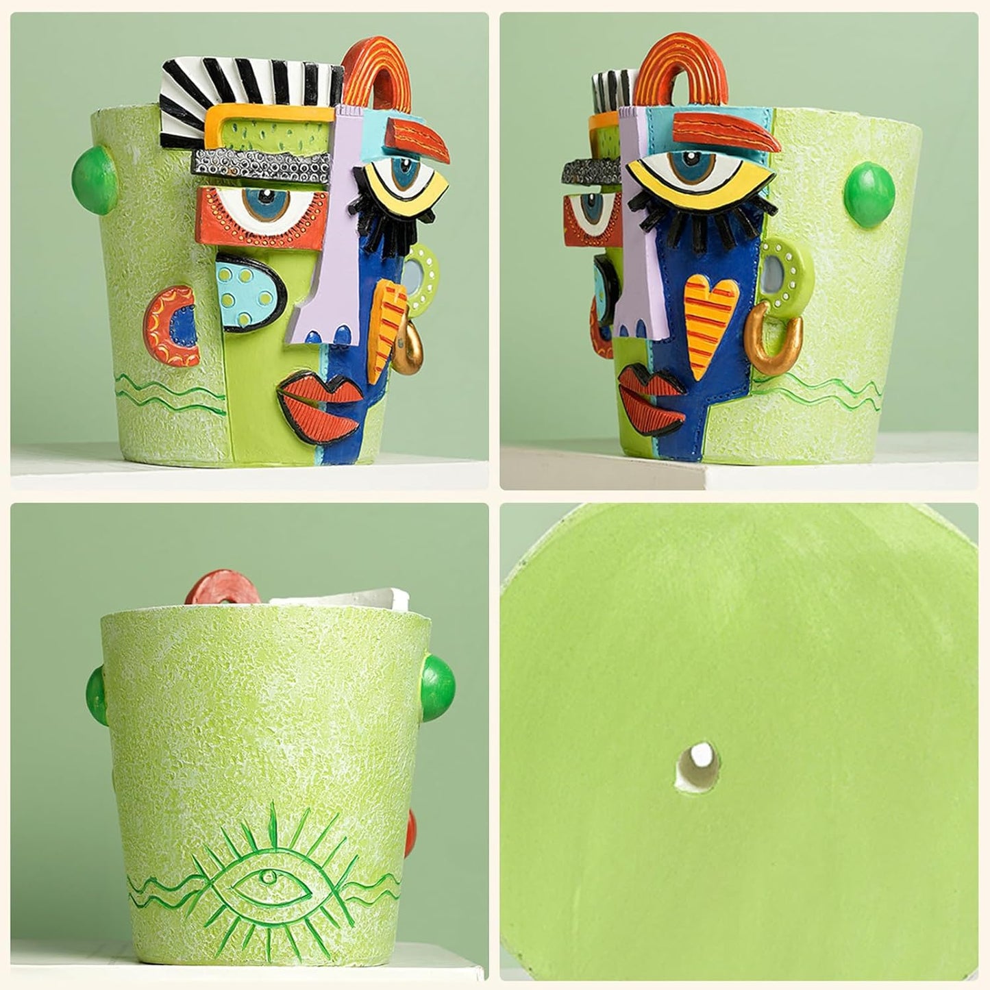 Picasso Abstract Face Planters Pots, Unique Abstract Flower Pot Head Planter Pot Ornaments Resin Brutalist Flowerpot with Drainage Hole for Indoor and Outdoor Plants Home Decor (Green, S)