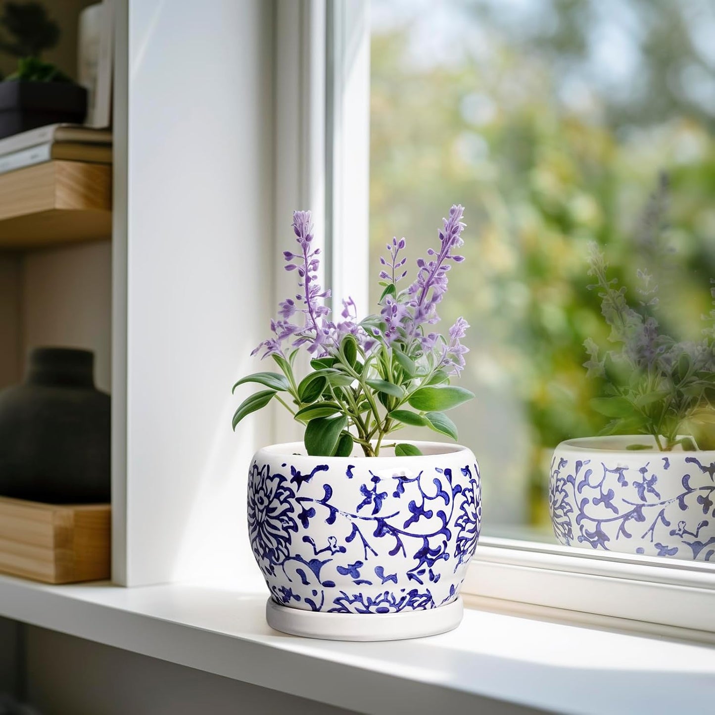 SQOWL 6 Inch Planter - Ceramic Plant Pots Indoor with Drainage Hole and Saucer, Round Ceramic Flower Pot Outdoor, Porcelain Decorative Planter, Backyard Decor, Gifts for Plant Lovers, Blue and White