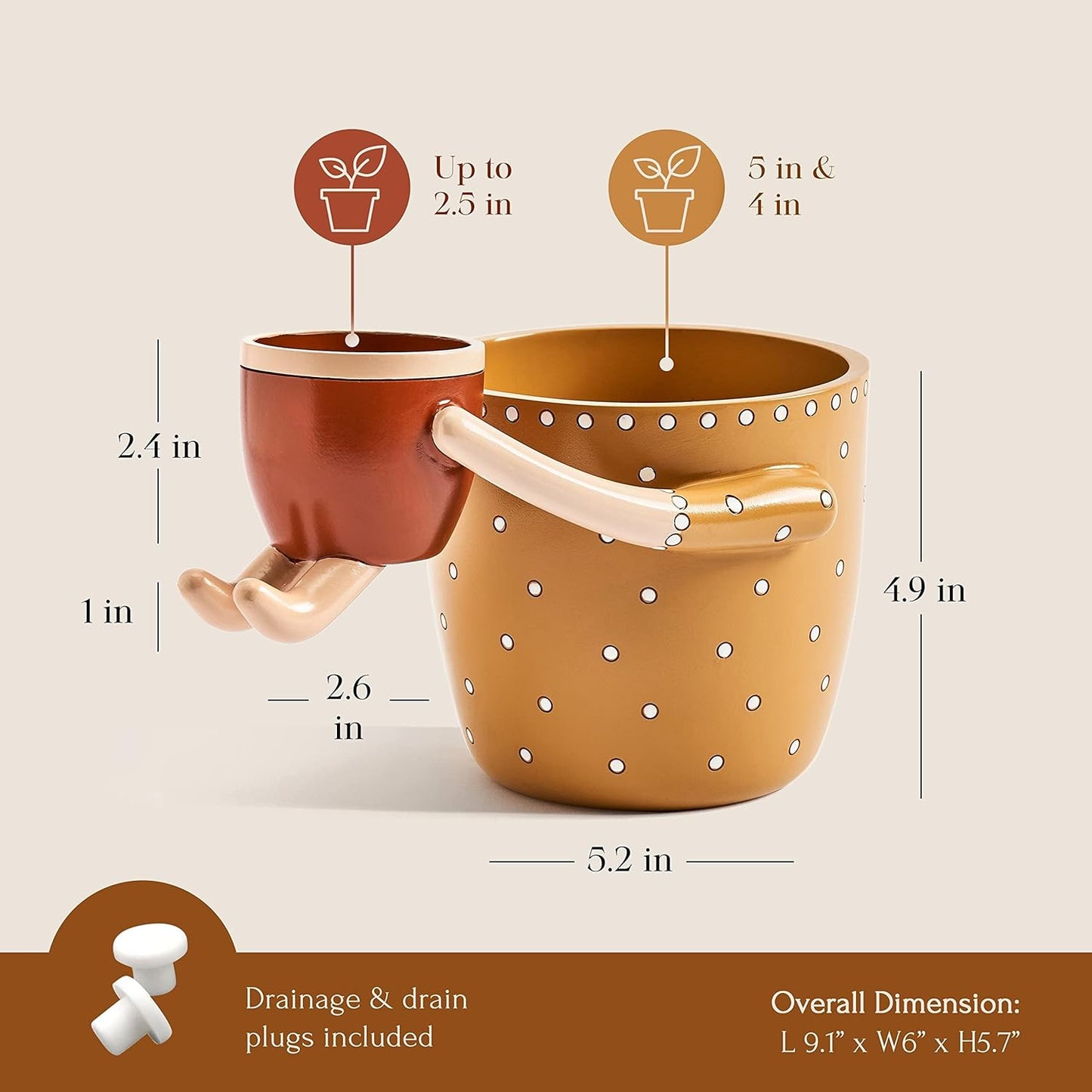 VIRTUNE Adorable Plant Pots. 5" Flower Pot & 2" Small Pot with Drainage. Gifts for Plant Lovers, Small Plant Pots, Cute Pots for Plants (Mustard)