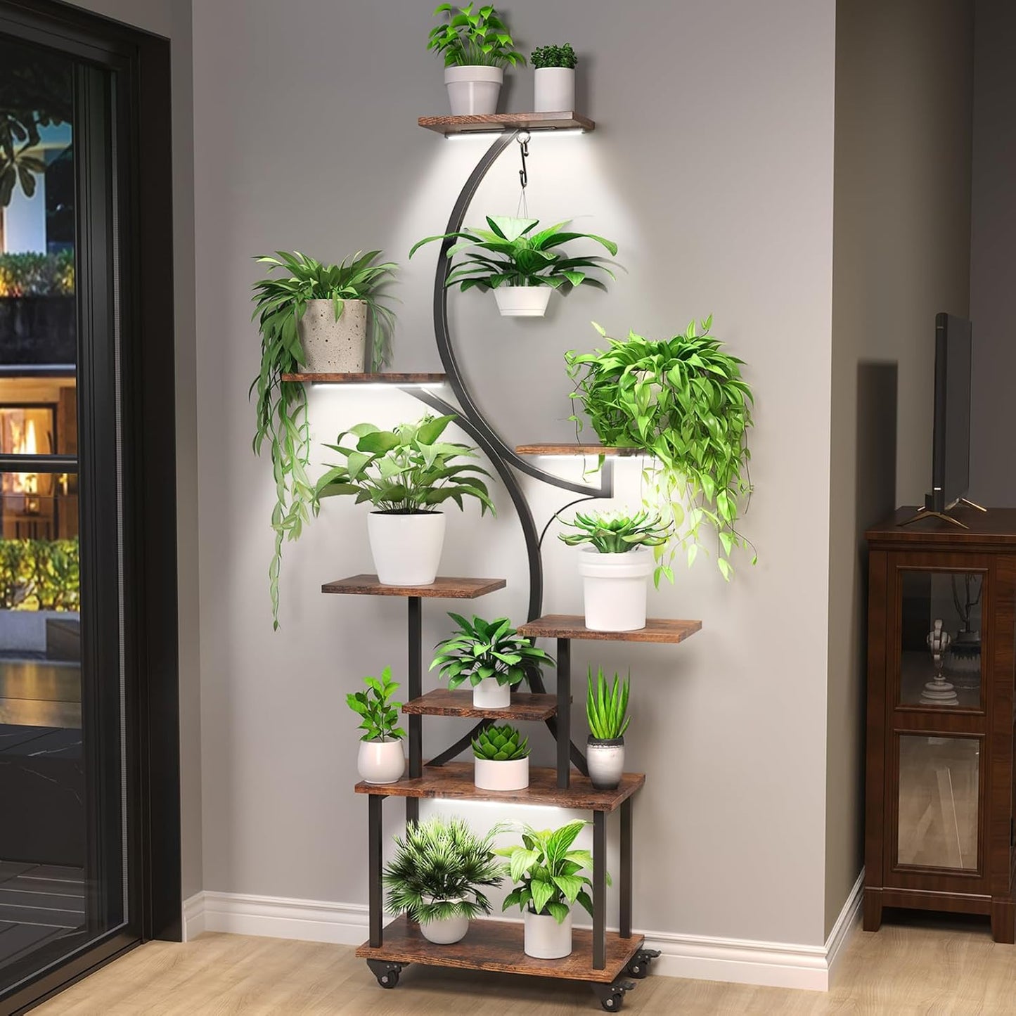 Plant Stand Indoor with Grow Lights, 8 Tiered Indoor Plant Shelf with Wheels, 62" Lighted Corner Plant Stands for Indoor Growing, Large Flower Holder for Living Room, Balcony, Black