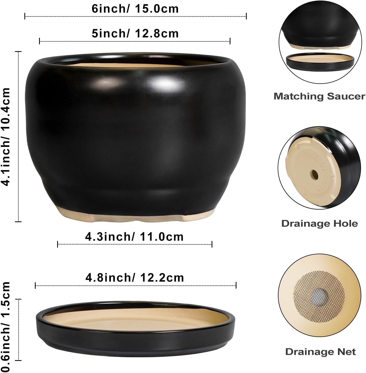 SQOWL Ceramic Plant Pot - 6 Inch Planter for Indoor Plants, Round Flower Pot with Drainage Hole and Saucer, Modern Succulent Planter Outdoor, House Decor, Plant Lovers Gifts, Black