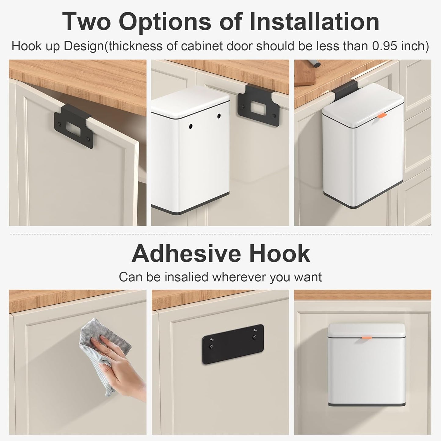 Mbillion Kitchen Compost Bin Hanging Trash Can with Lid 1.05 Gallon Stainless Steel Garbage Can for Kitchen Cabinet Door Mounted Trash Can Under Sink Door RV Bathroom,White