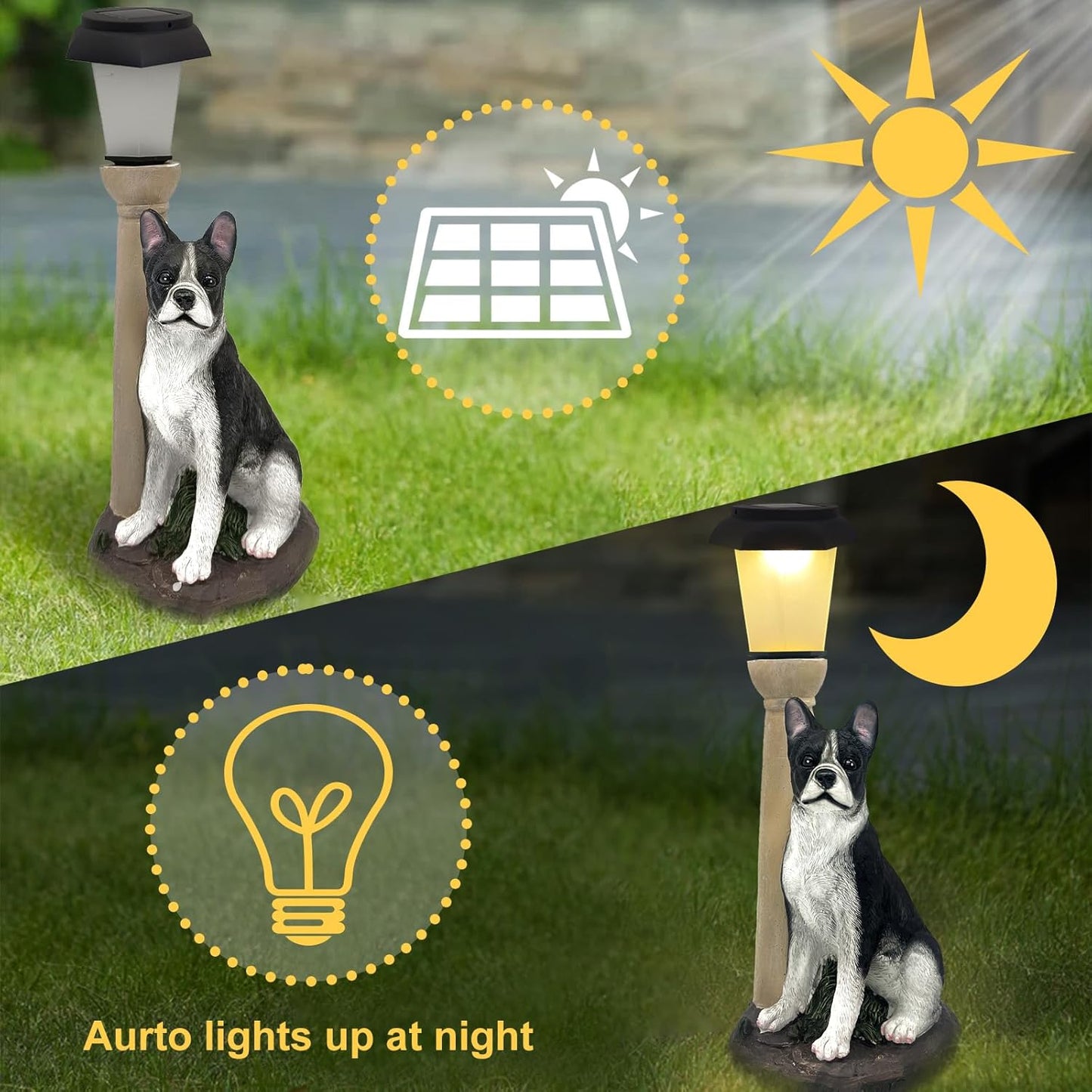 Solar Dog Garden Statues with Lantern, Resin Boston Terrier Sculpture with Warm White Light for Outside Lawn Porch Patio