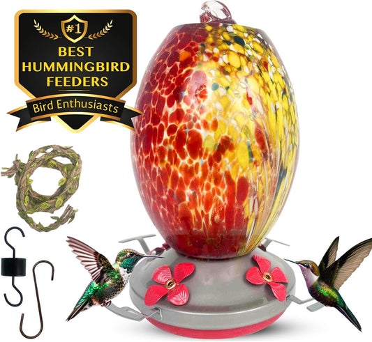 Nature Gear Hummingbird Feeder, Hanging-Mount Glass Hummingbird Feeders for Outdoors, Hand-Blown Glass Feeder with Ant Moat for Garden Hummingbirds, Easy to Clean & Rust Resistant, Volcano Red