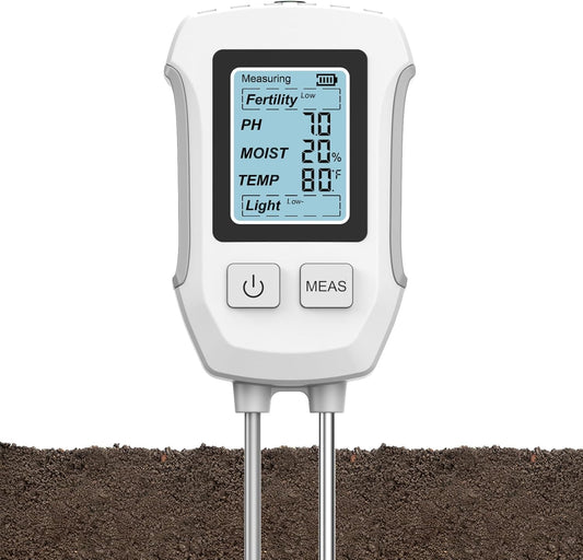 5-in-1 Soil Tester with Dual Probe, Digital Moisture Meter, pH/Temperature/Sunlight/Fertility Tester, Compact & Modern Design, for Lawn, Farming & Outdoor Plants (3*AAA Battery Required)