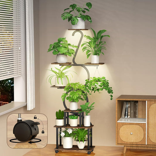 Plant Stand with Grow Lights, 8 Tiered 64" Corner Plant Stand, Metal Plant Shelf Indoor with Wheel, Large Plant Stands, Flower Rack Display for Living Room, Garden, Patio-Thick 1.2MM Steel Frame