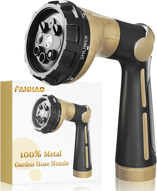 FANHAO Garden Hose Nozzle Heavy Duty, 100% Metal Water Hose Sprayer with 8 Spray Patterns, High Pressure Spray Nozzle Thumb Control On Off Valve for Lawn & Plant Watering, Car & Pet Washing - Khaki