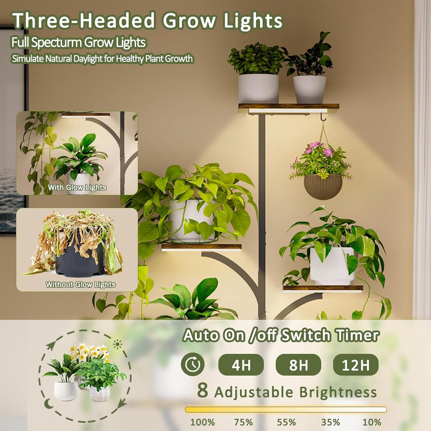 Plant Stand with Grow Lights, 60" Tall 7-Tier Corner Plant Stand for Indoor Plants Multiple, Metal Tree-Shaped Display Rack for Home, Patio - Black