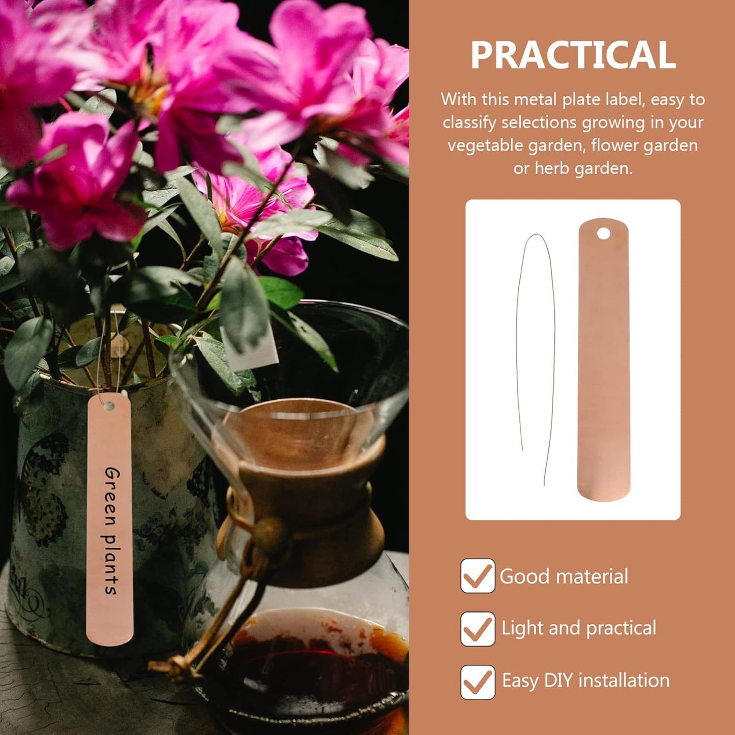 KESYOO Copper Plant Tags Reusable Garden Labels Hanging Metal Plant Tag with Wires for Flower Bed Balcony Pots Planters - 4.72 X 0.78 Inches