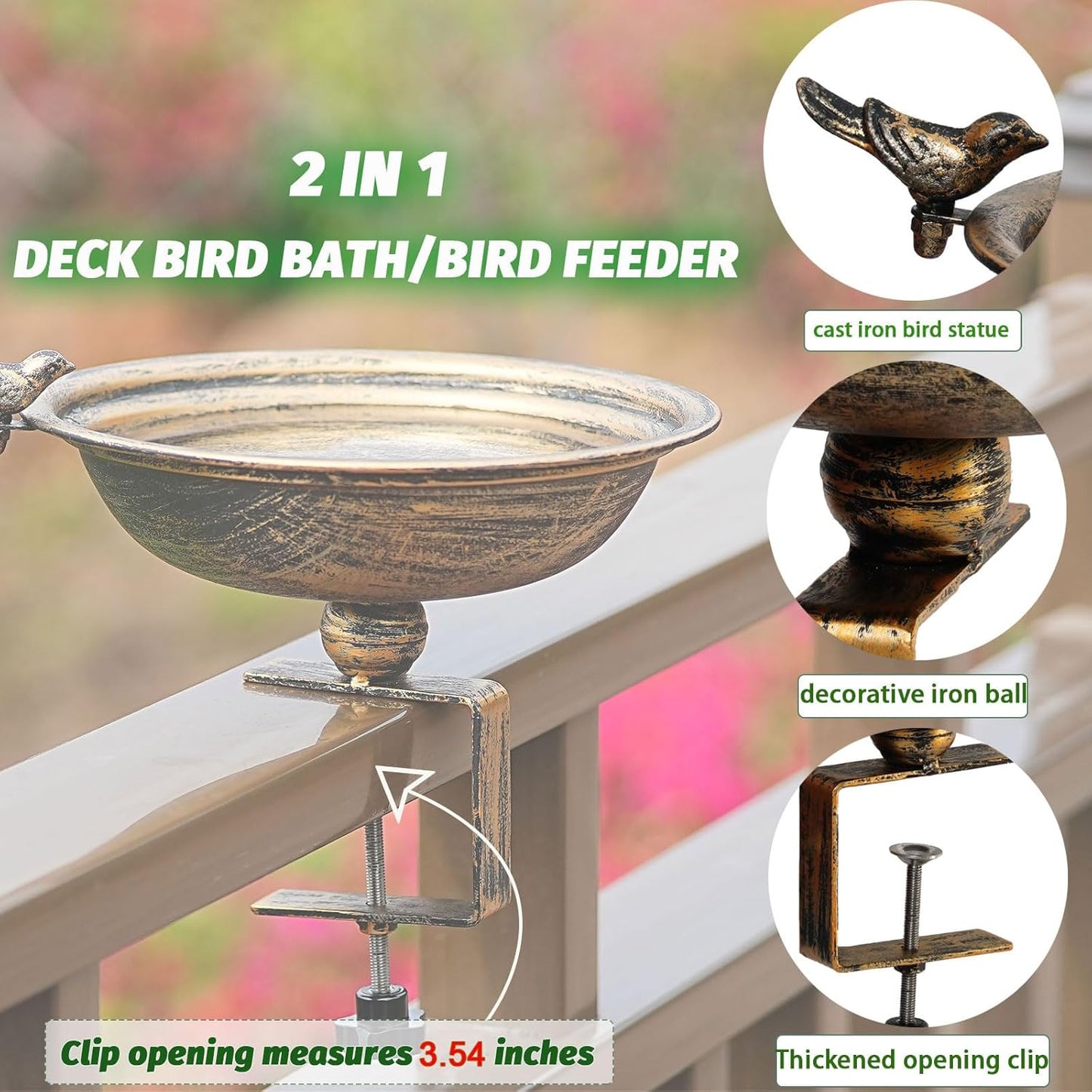 11 Inchs Diam Deck Bird Bath,Metal Bird Bath for Deck Railing,Bird Bath Deck with Removable Sturdy Steel Clamp, Outdoor Garden Decor