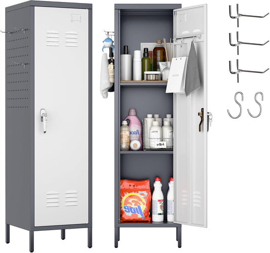 METAN Metal Storage Lockers with Handle Lock and 2 Adjustable Shelves,Office Storage Locker with Pegboards and Hooks,Assembly Required,Grey White