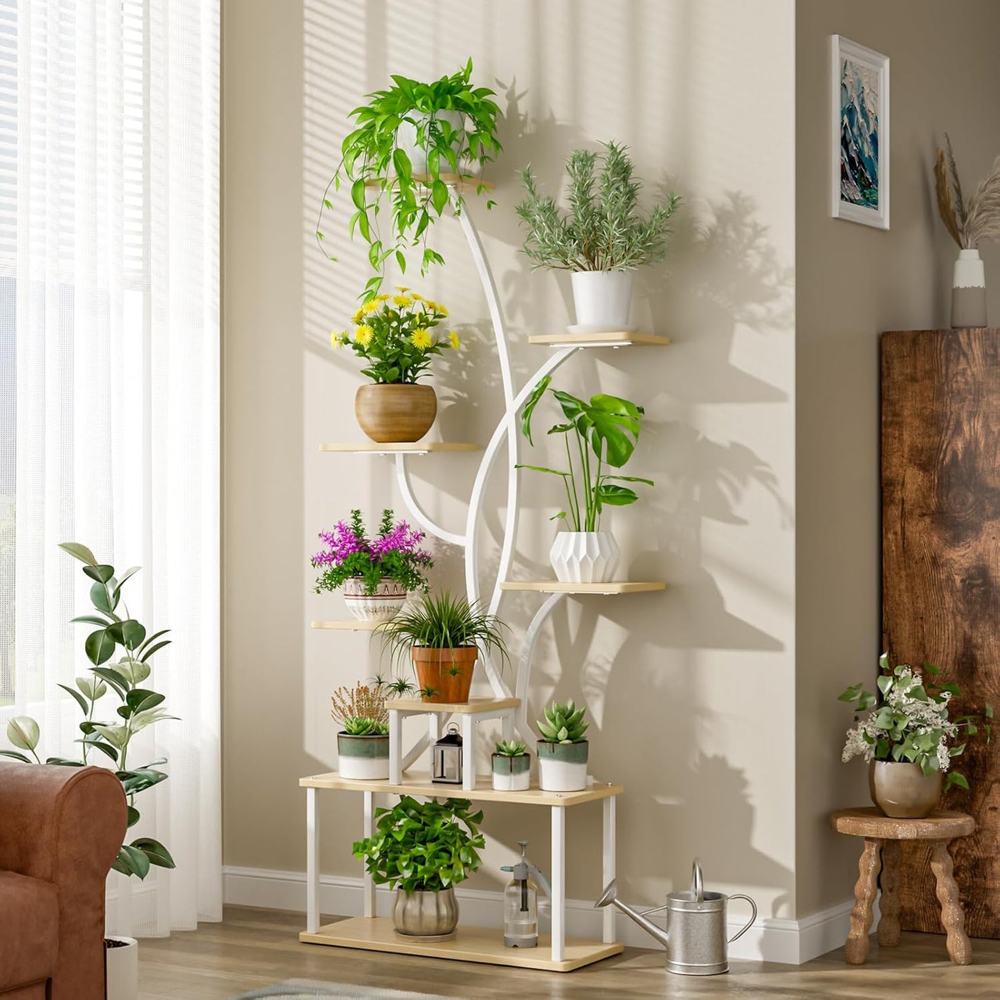 Plant Stand Indoor with Grow Light, 65" Tall Plant Stand 8 Tiered Plant Shelf, Corner Flower Stand for Indoor Plant Multiple, S-Shaped Flower Holder, Plant Rack for Home Patio, White