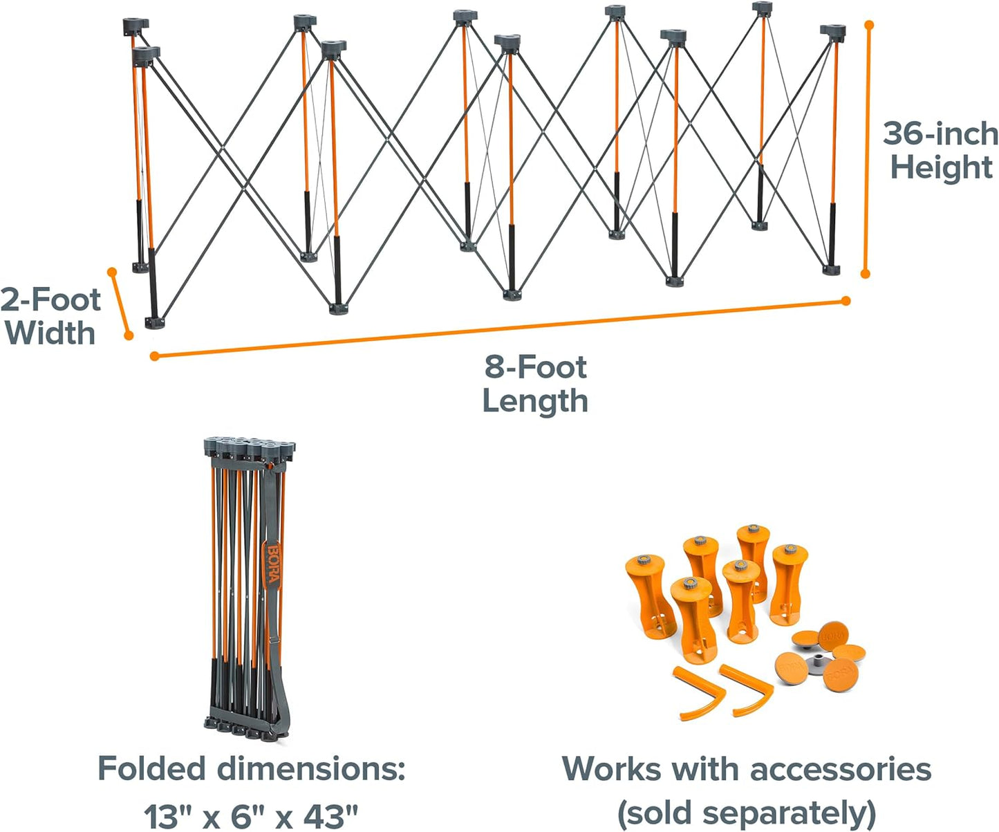 BORA Centipede CT10 36 inch Tall Portable Folding Workbench with Carry Strap, Collapsible Workstand, Construction Table, Support, Sawhorse, 2Ft X 8Ft, 36 inch Work Height, 2,500lb Weight Capacity