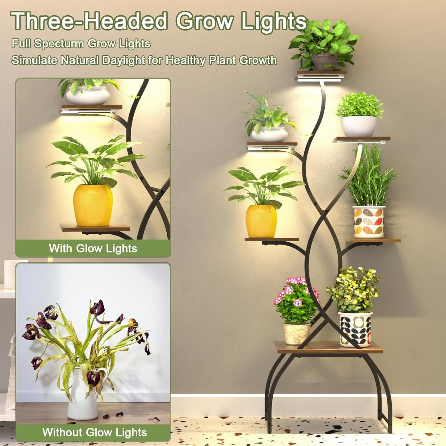 Plant Stand Indoor with Grow Lights, 6 Tiered Plant Shelf with Tree-Shaped Design, Tall Plant Stand for Multiple Plants, Metal Plant Flower Display Shelves, Corner Plant Holder for Home, Patio