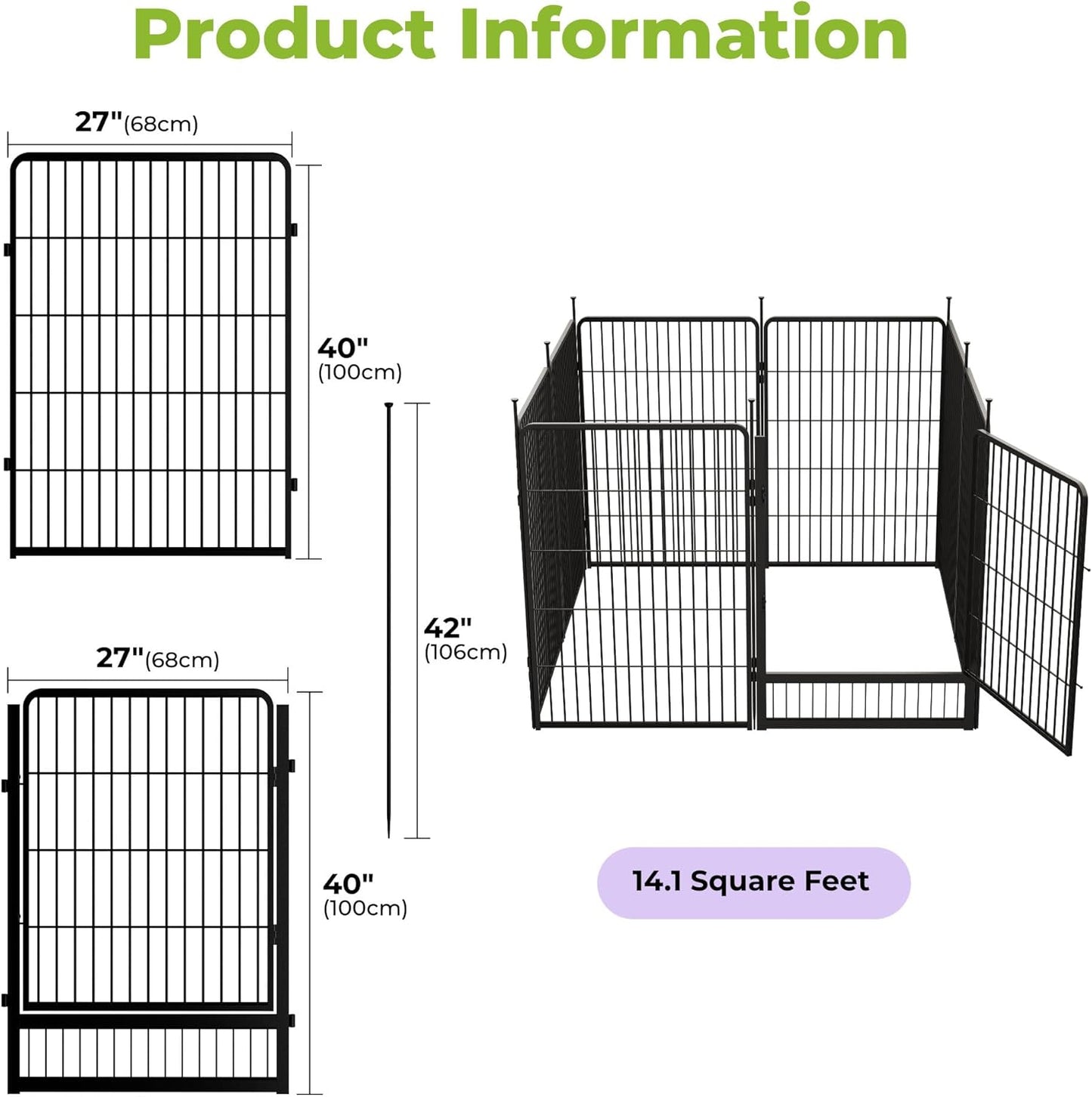 Decorative Garden Fence with Gate 40 in(H) x 17.8 ft(L) 8 Panels, Heavy Duty Metal Animal Barrier Fence for Yard, Flower Bed Fencing, Garden Border Fence, Easy Set Up, Black